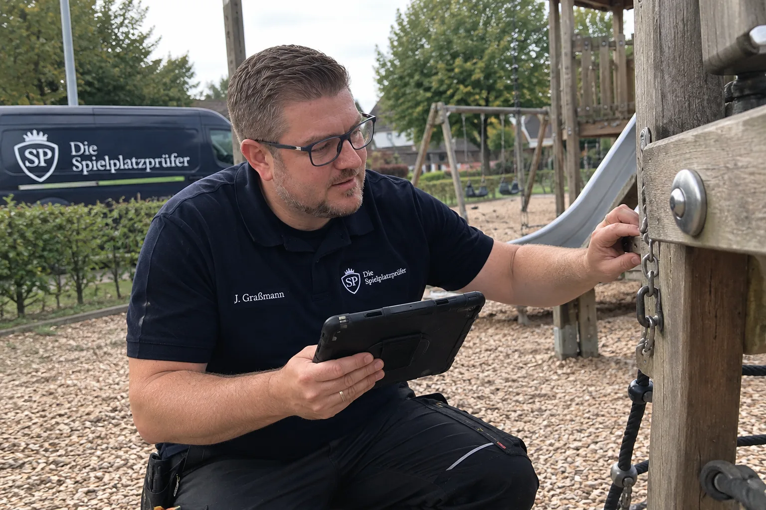Spielplatzprüfung mit Tablet, im Hintergrund der Dienstwagen